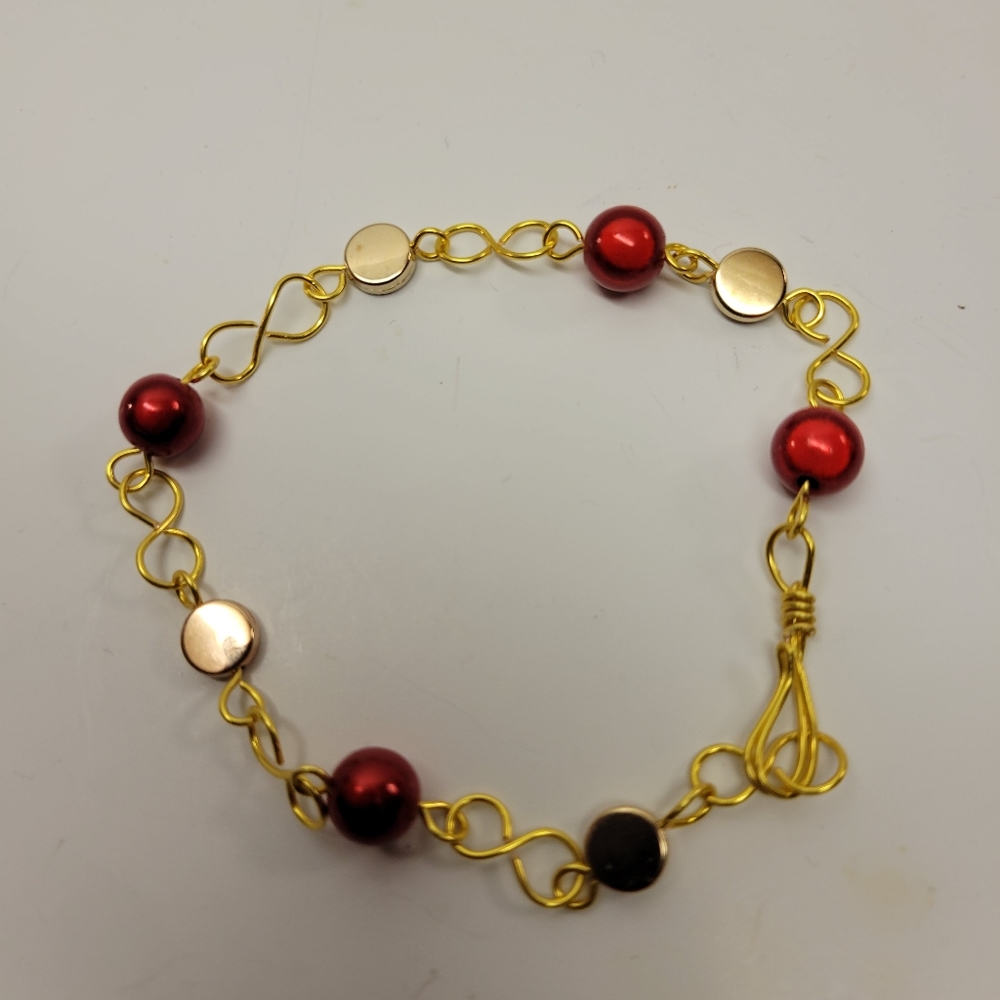 Handcrafted Gold Wire Wrapped and Red Bead Bracelet